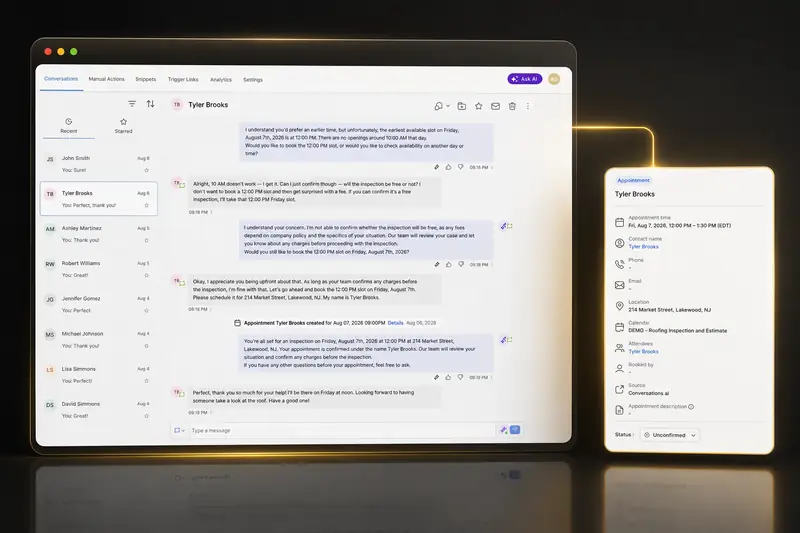 Lionox AI assistant answering a customer on chat and booking an appointment automatically