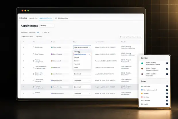 Lionox calendar and booking system showing appointment statuses across multiple calendars