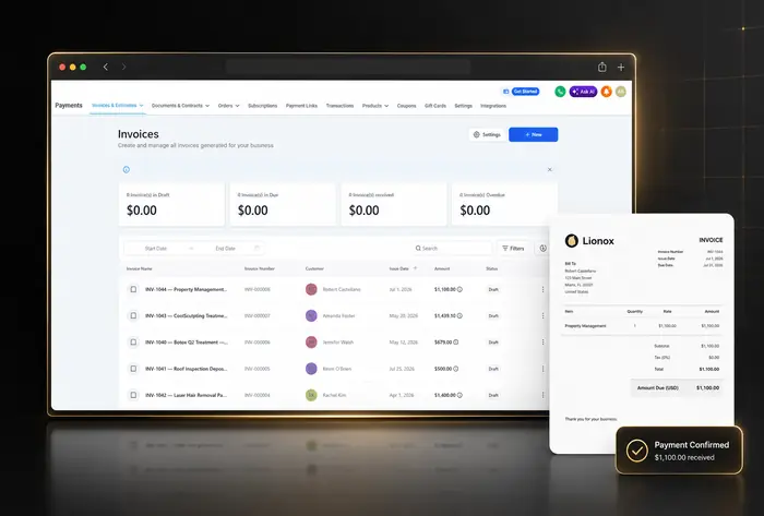 Lionox invoicing and payments screen with a paid invoice confirmation