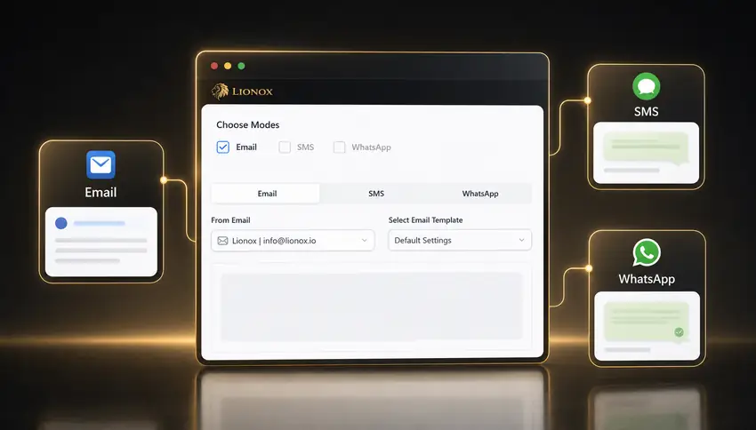 Lionox multi-channel messaging setup for email, SMS and WhatsApp campaigns