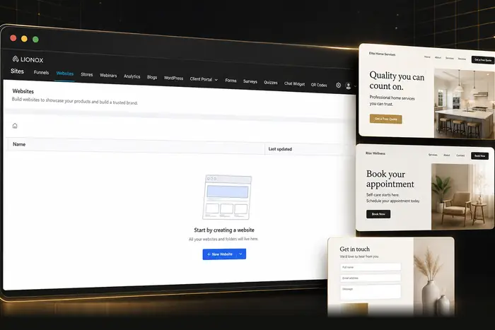 Lionox website builder showing client websites and landing page templates